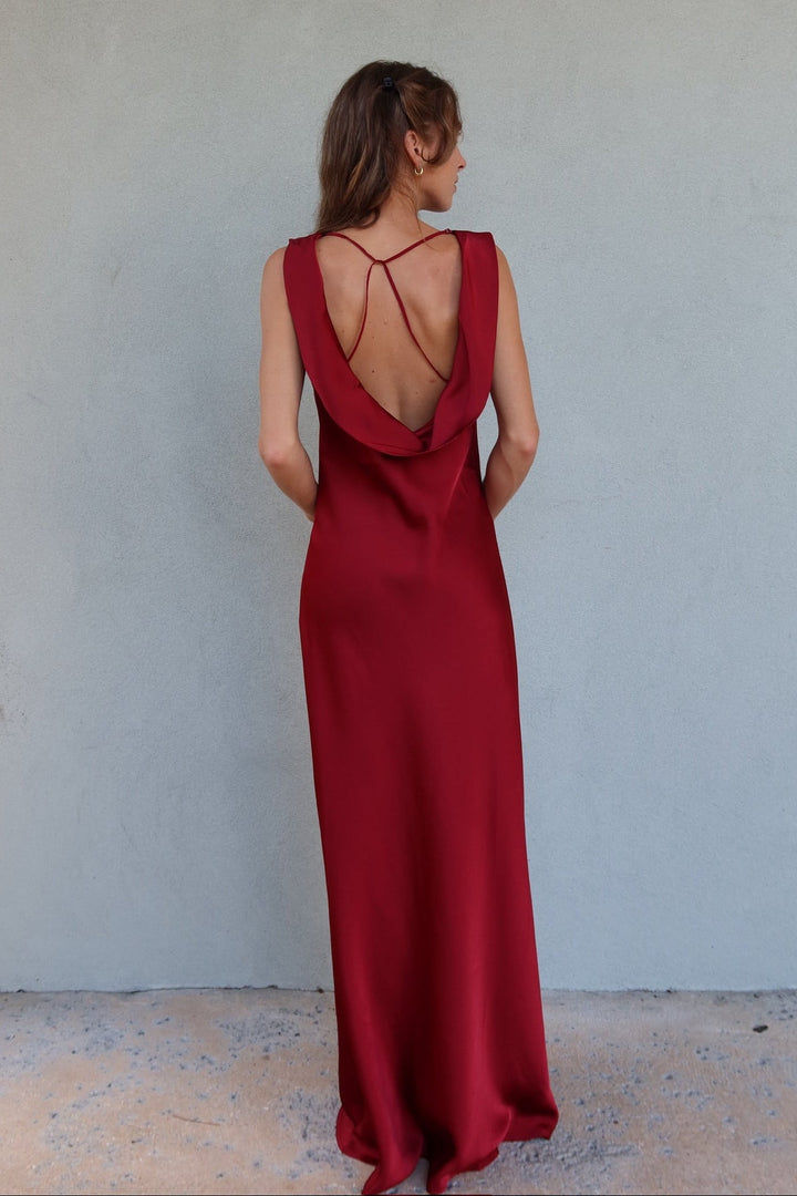 Mireya Satin Cowl Neck Dress - Deep Merlot - Jaffi&