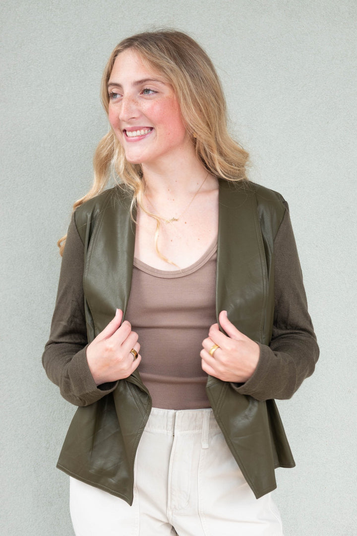 Mixed Media Faux Leather Drape Cardi - Olive - Jaffi&