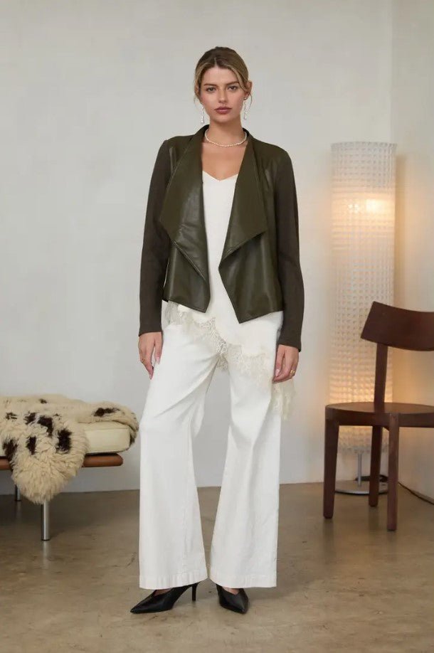 Mixed Media Faux Leather Drape Cardi - Olive - Jaffi&