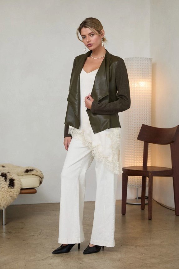 Mixed Media Faux Leather Drape Cardi - Olive - Jaffi's