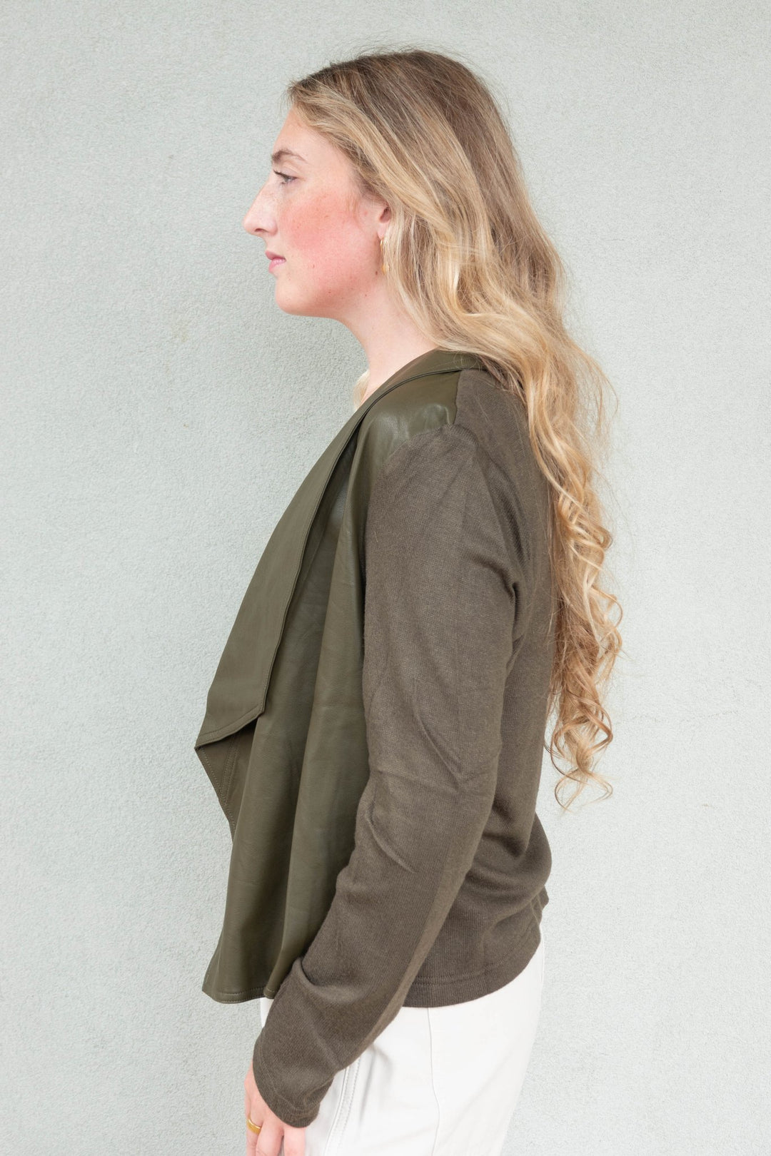 Mixed Media Faux Leather Drape Cardi - Olive - Jaffi&