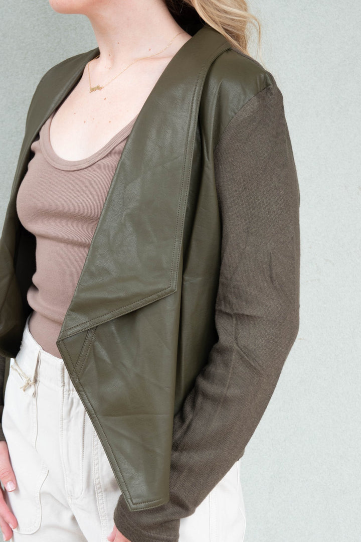 Mixed Media Faux Leather Drape Cardi - Olive - Jaffi&