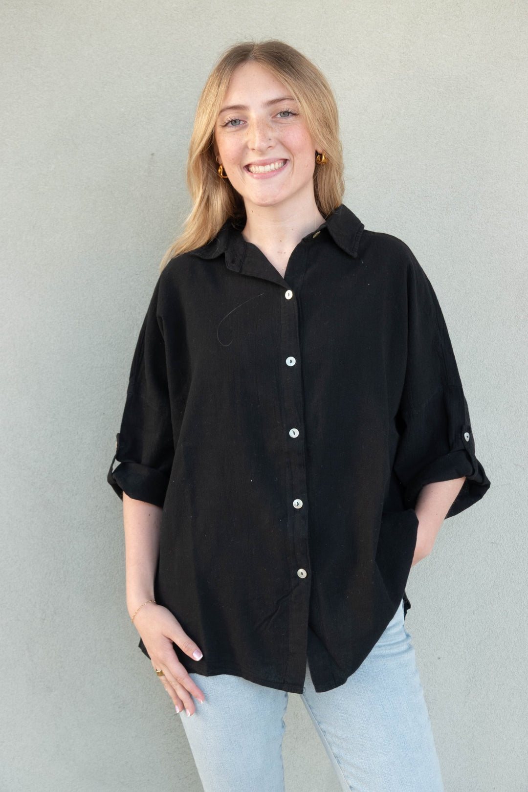 Oversized Cotton Button Down - Black - Jaffi's