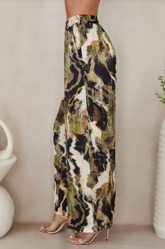 Wide Leg Pocket Pant - Watercolor Green/Brown