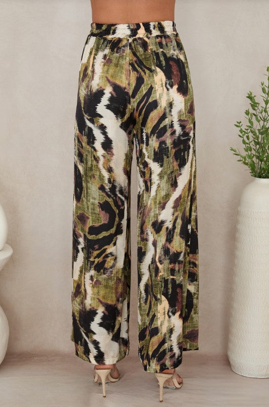 Wide Leg Pocket Pant - Watercolor Green/Brown
