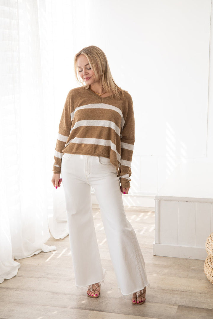 Pelican Stripe Knit Top - White - Jaffi's