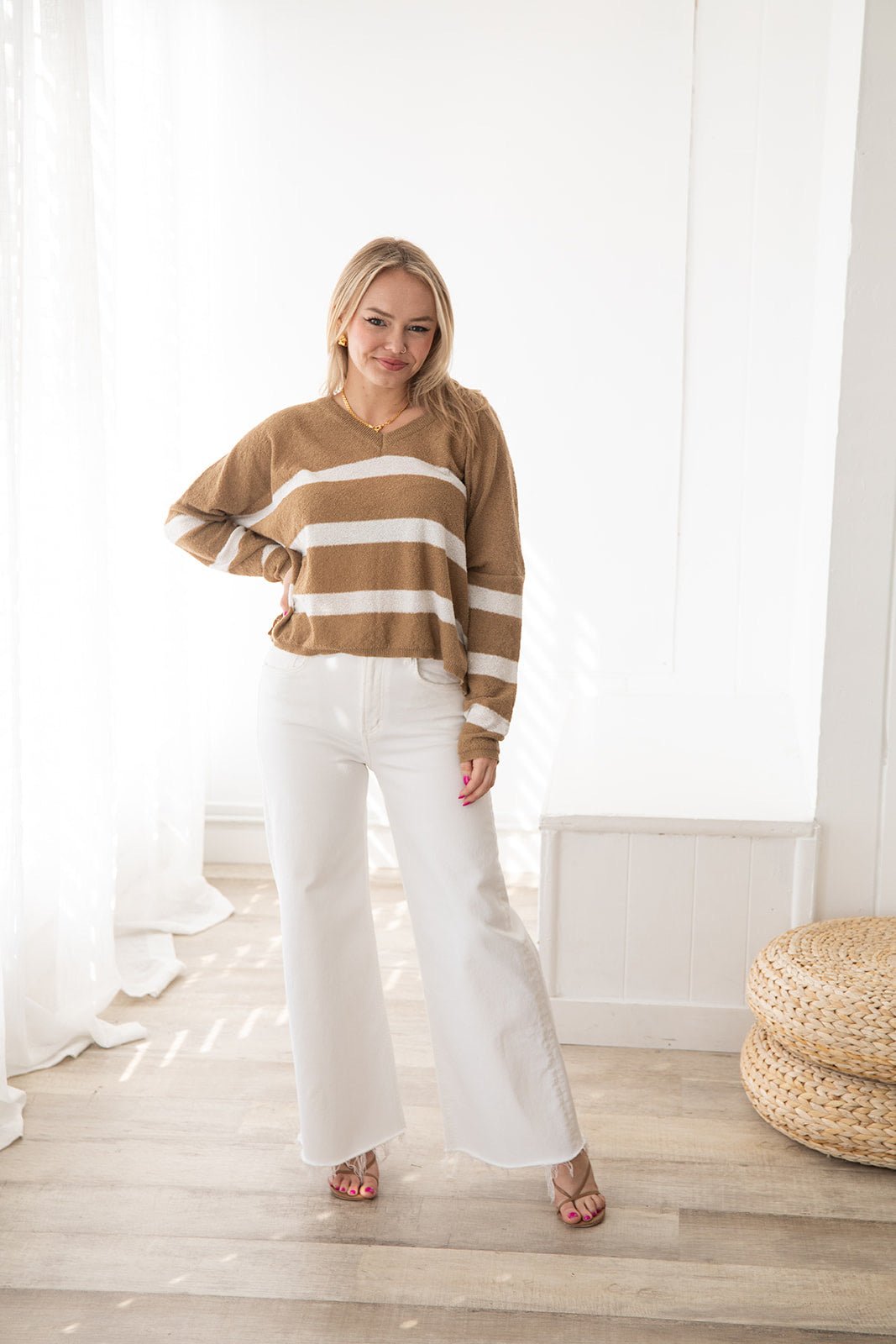 Pelican Stripe Knit Top - White - Jaffi's