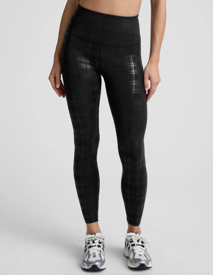 High Waisted Midi Legging - Plaid Foil Black