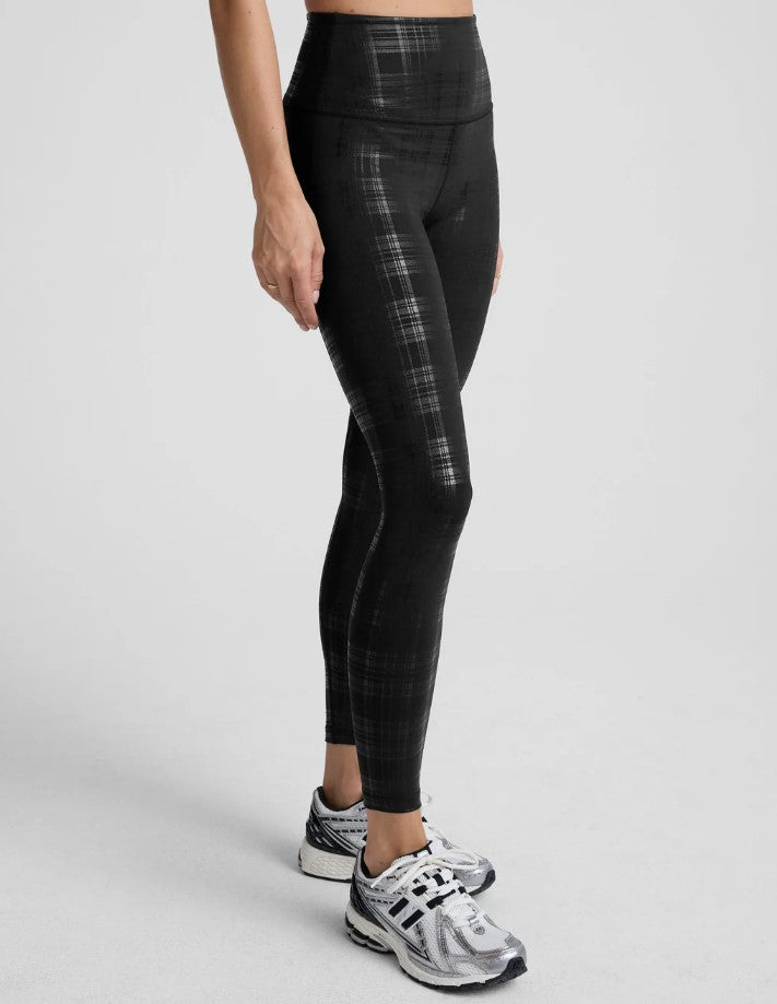 High Waisted Midi Legging - Plaid Foil Black
