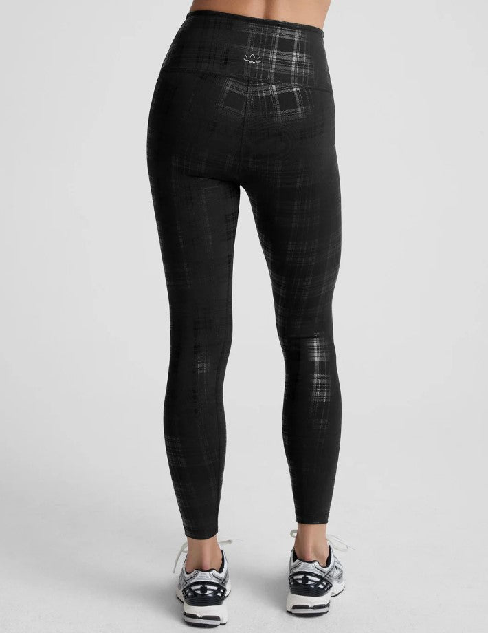 High Waisted Midi Legging - Plaid Foil Black