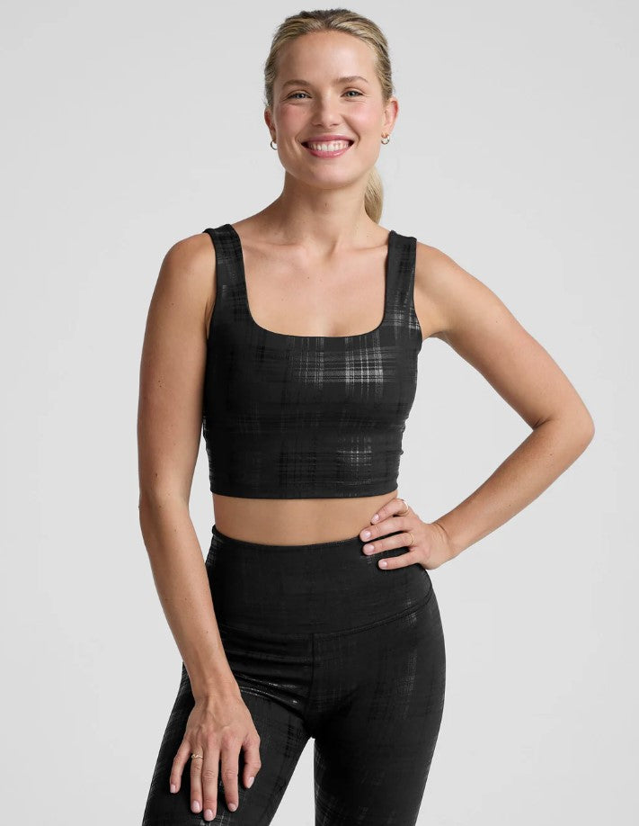 Beyond The Studio High Crop Tank - Plaid Foil Black