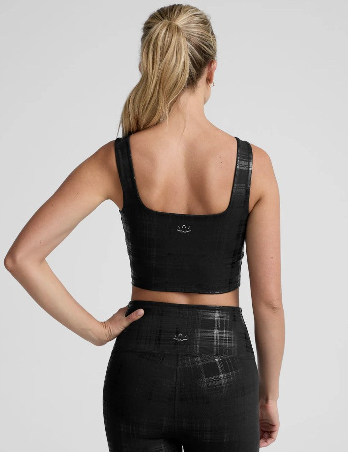 Beyond The Studio High Crop Tank - Plaid Foil Black