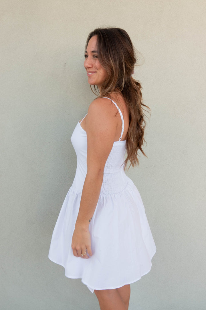 Poplin String Smocking Dress - White - Jaffi's