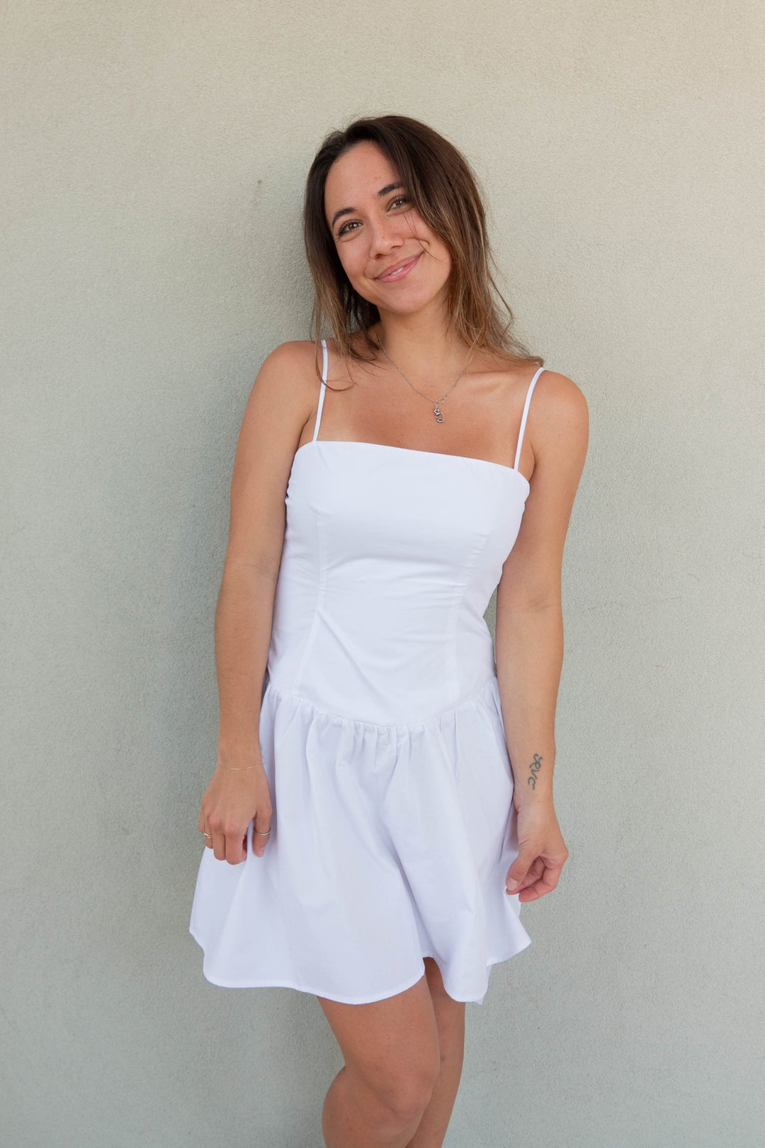 Poplin String Smocking Dress - White - Jaffi's