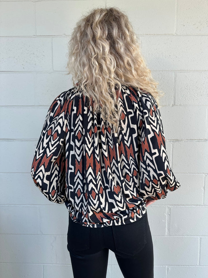 Print Peasant Top - Brown/Black/Cream - Jaffi's