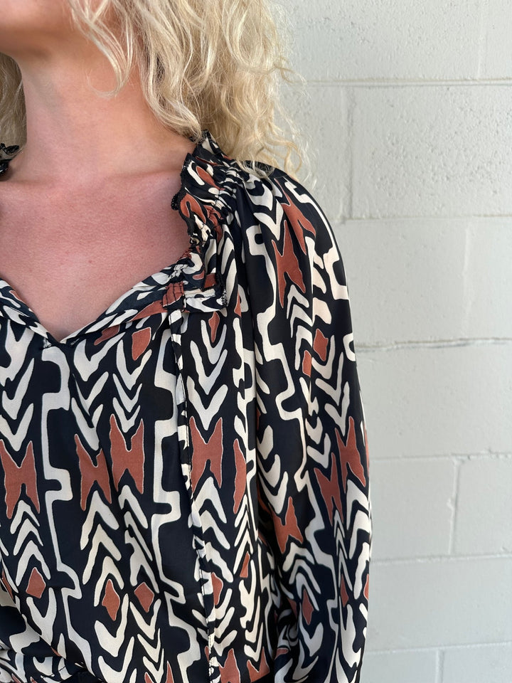 Print Peasant Top - Brown/Black/Cream - Jaffi's