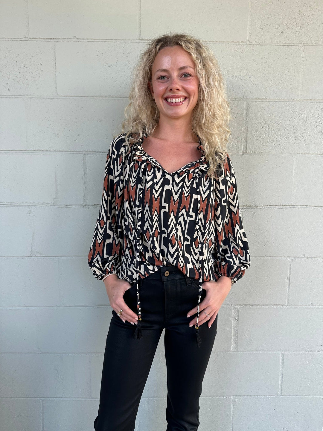 Print Peasant Top - Brown/Black/Cream - Jaffi's