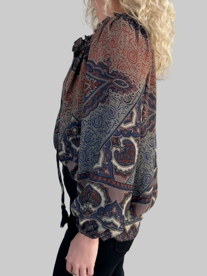 Print Peasant Top - Brown/Navy - Jaffi's