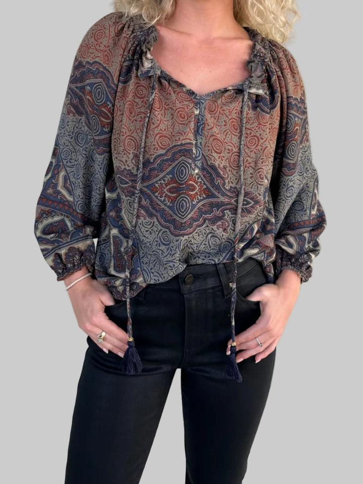 Print Peasant Top - Brown/Navy - Jaffi's
