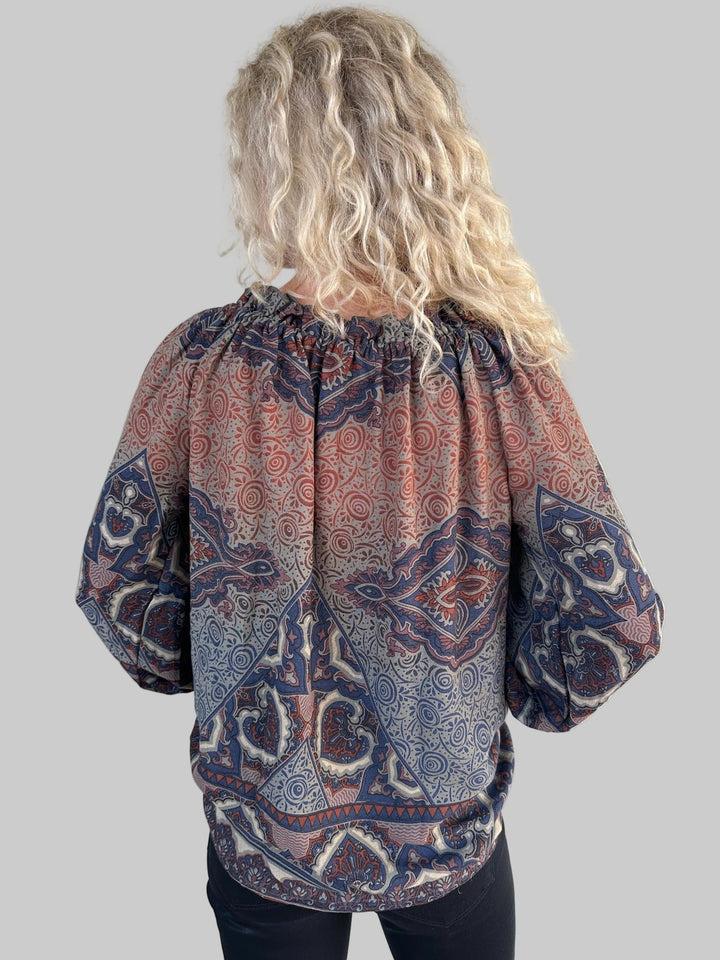 Print Peasant Top - Brown/Navy - Jaffi's