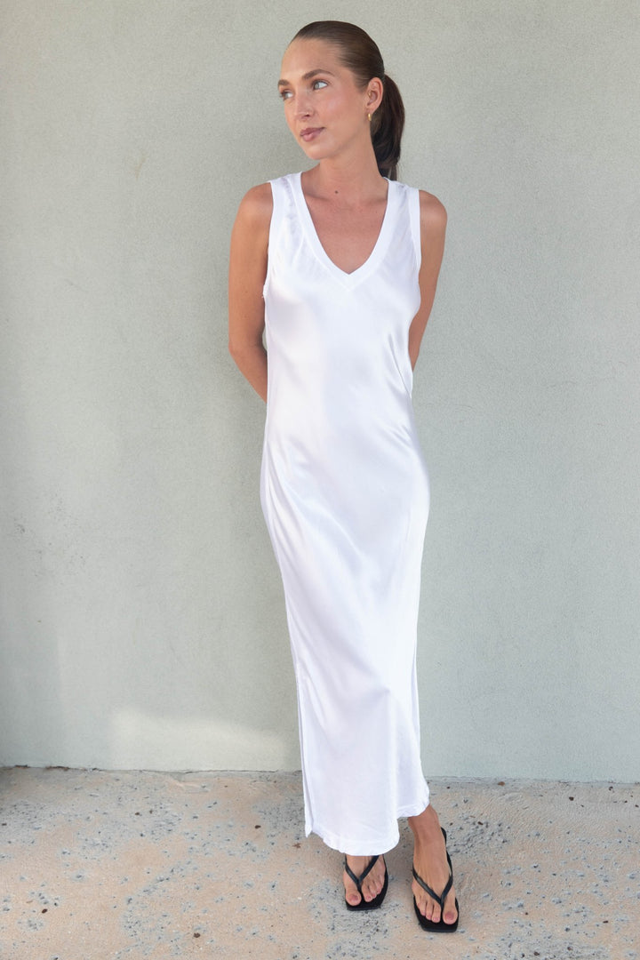 Randi Satin V Neck Midi Dress - Coconut Milk - Jaffi&