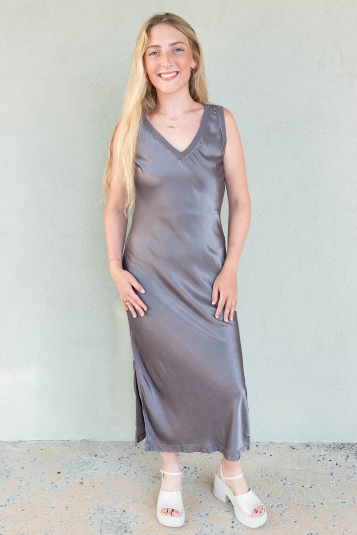 Randi Satin V Neck Midi Dress - Thunder - Jaffi&