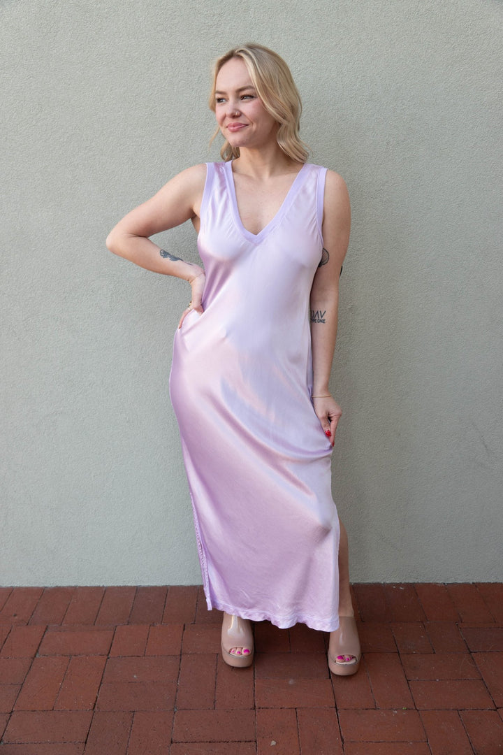 Randi Satin V Neck Midi Dress - Whimsy - Jaffi's