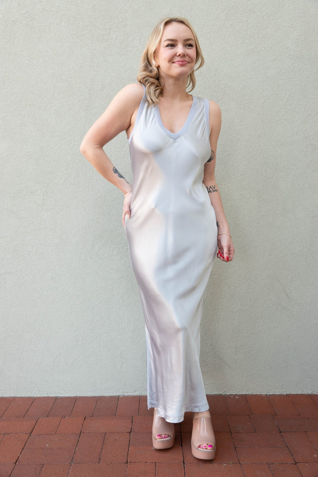 Randi Satin V Neck Midi Dress - Zinc - Jaffi's