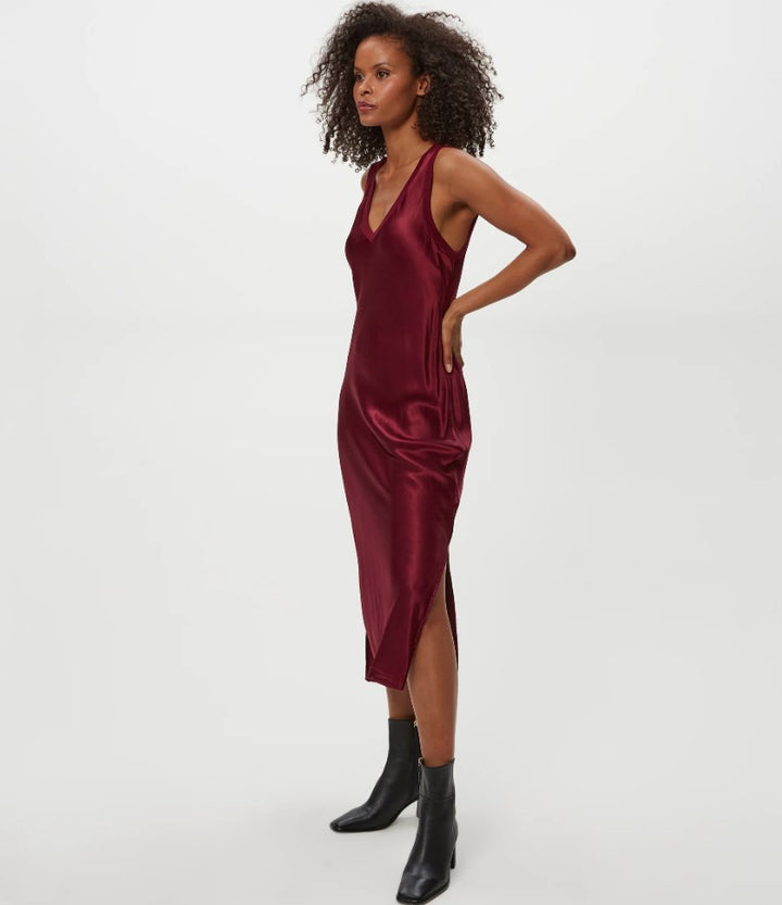 Randi Satin V Neck Midi Dress - Garnet