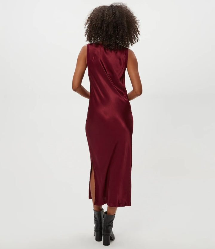 Randi Satin V Neck Midi Dress - Garnet