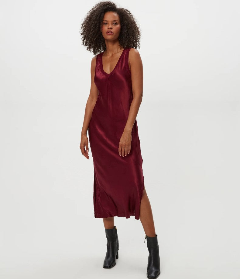 Randi Satin V Neck Midi Dress - Garnet