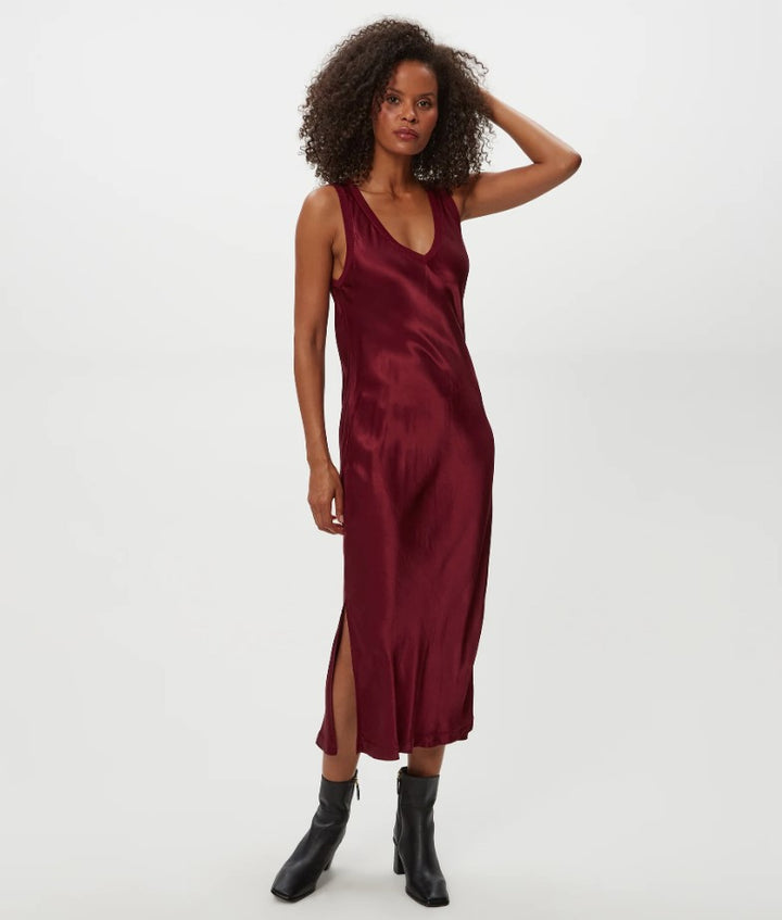 Randi Satin V Neck Midi Dress - Garnet