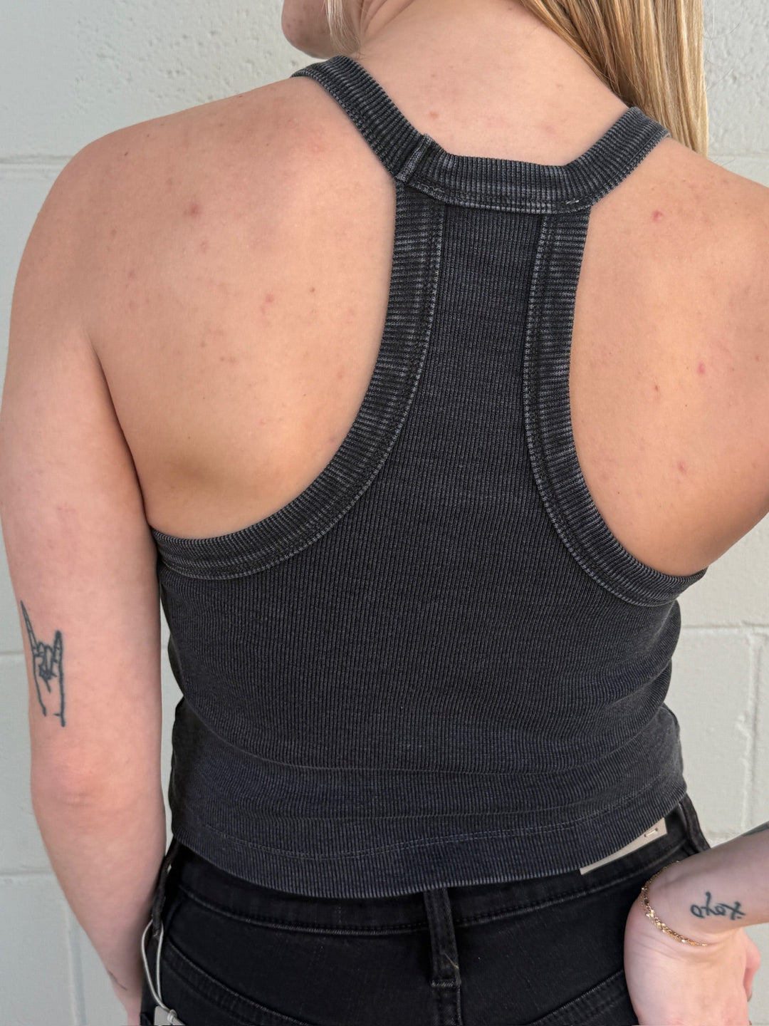 Rib High Neck Crop Tank - Black - Jaffi's