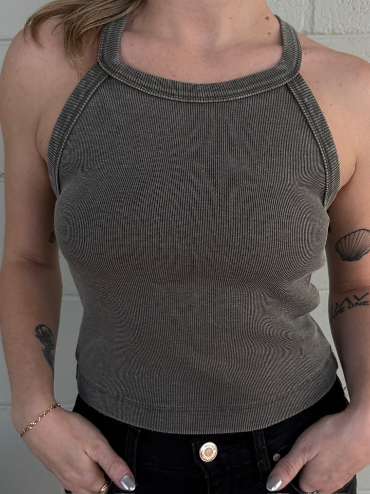 Rib High Neck Crop Tank - Willow - Jaffi's