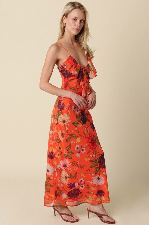 Ruffle Front Maxi Dress - Orange Floral - Jaffi's