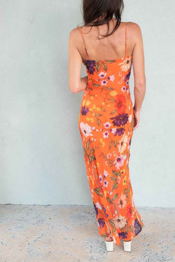 Ruffle Front Maxi Dress - Orange Floral - Jaffi&