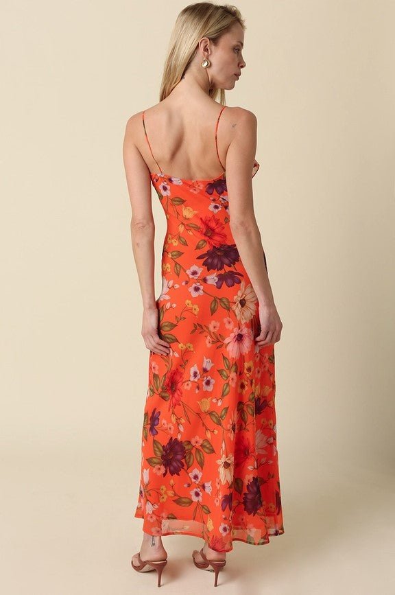 Ruffle Front Maxi Dress - Orange Floral - Jaffi's