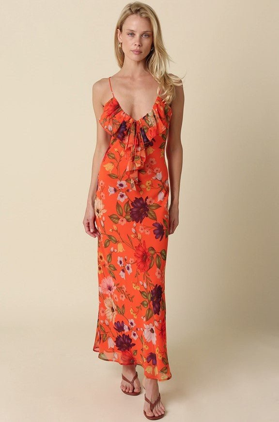 Ruffle Front Maxi Dress - Orange Floral - Jaffi's