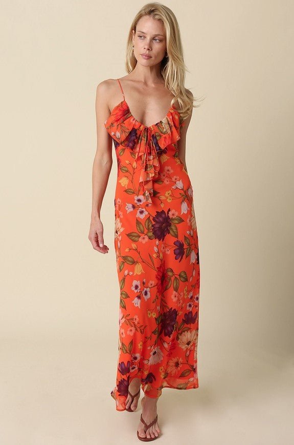 Ruffle Front Maxi Dress - Orange Floral - Jaffi's
