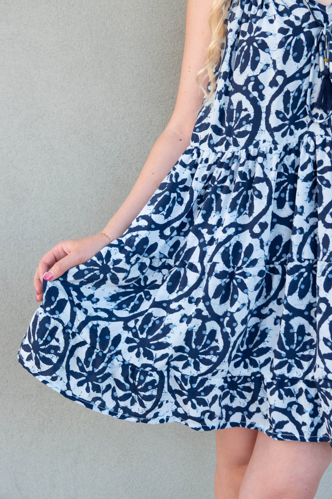 Ruffle Neck Tank Dress - Blue Batik - Jaffi's