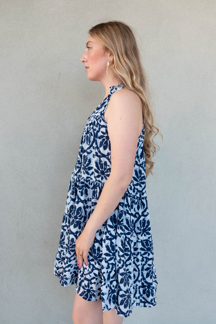 Ruffle Neck Tank Dress - Blue Batik - Jaffi's