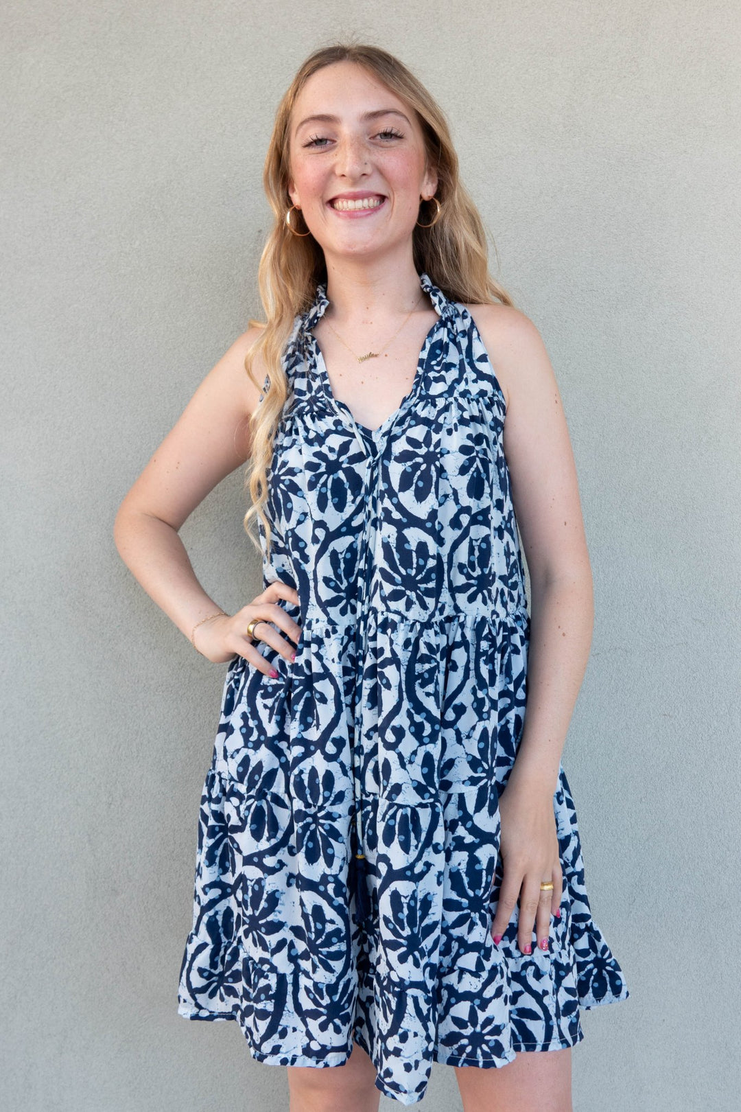 Ruffle Neck Tank Dress - Blue Batik - Jaffi's