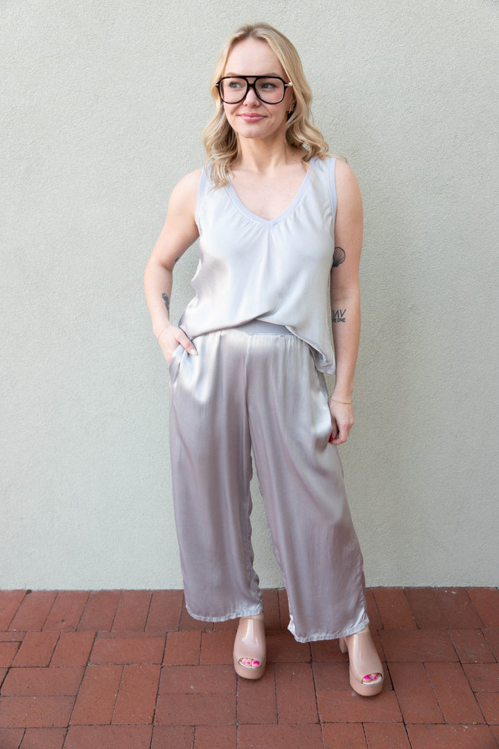 Sacha Cropped Satin Pant - Zinc - Jaffi's