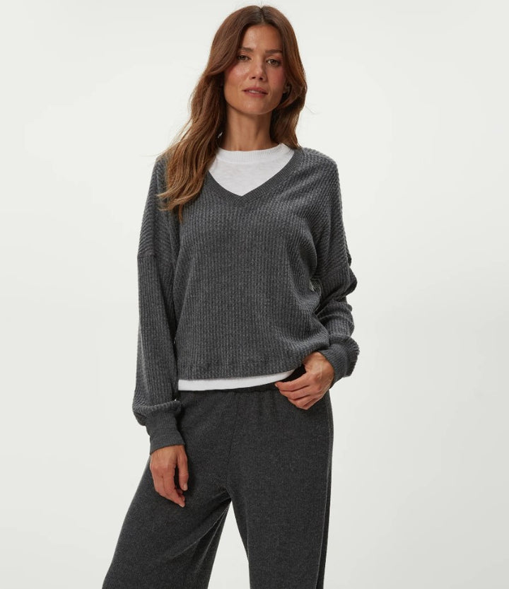 Salma Brushed Waffle V-Neck - Charcoal
