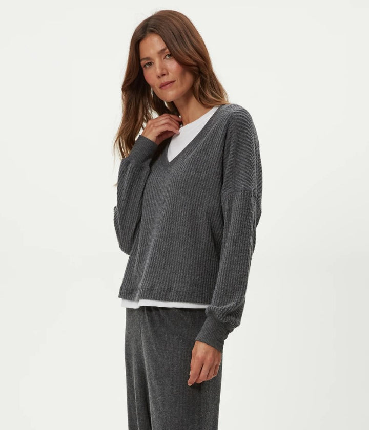 Salma Brushed Waffle V-Neck - Charcoal