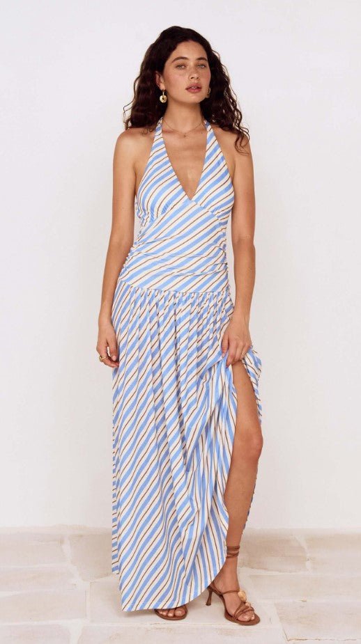 Sancia Halter Neck Maxi Dress - Blue/White Stripe - Jaffi's