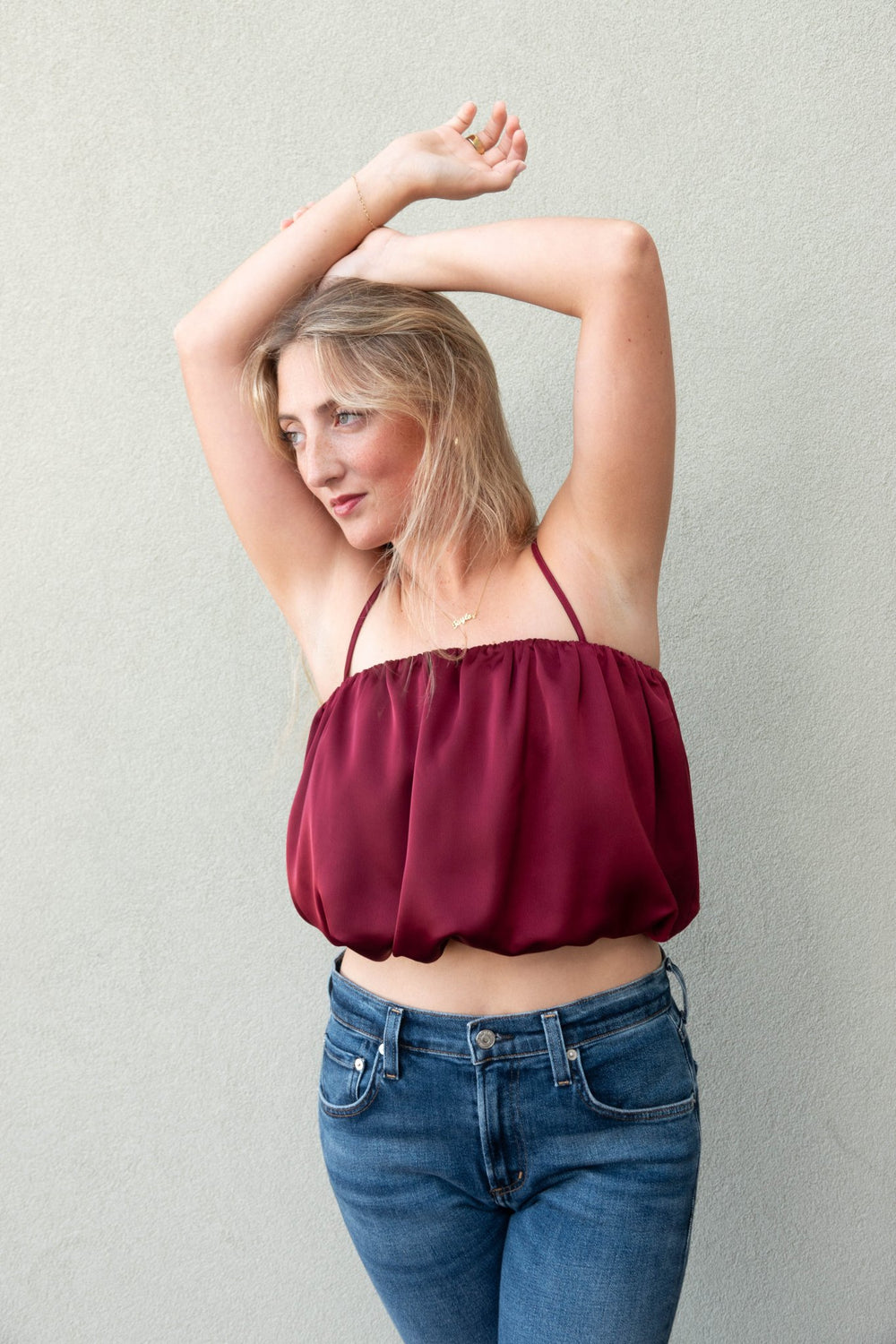 Satin Bubble String Top - Oxblood - Jaffi's
