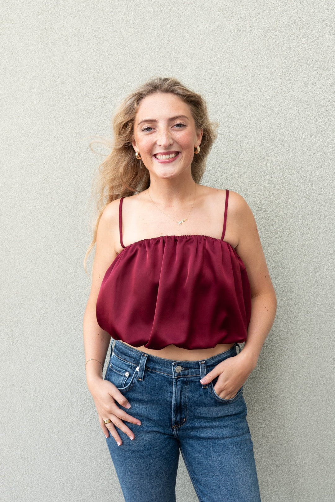 Satin Bubble String Top - Oxblood - Jaffi's