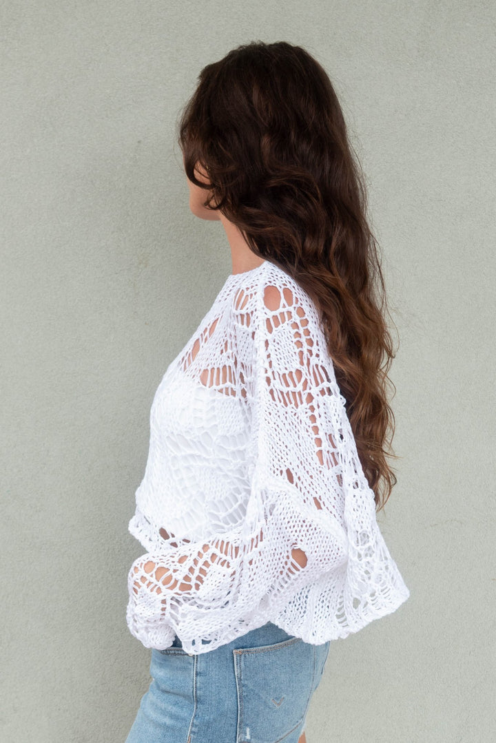 Scoop Neck Crochet Top - White - Jaffi's