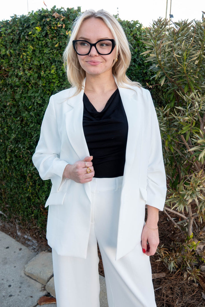 Scrunch Sleeve Blazer - White - Jaffi's